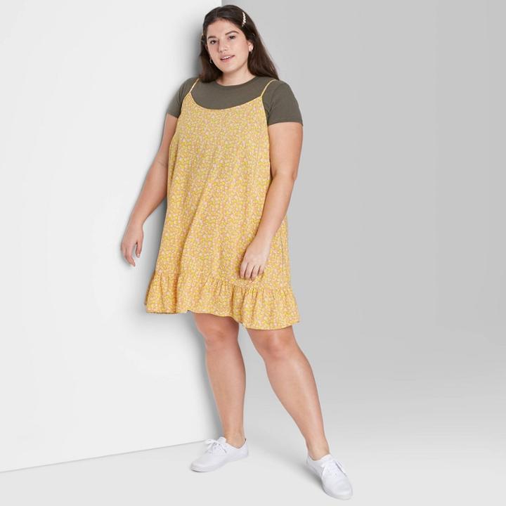 Women's Plus Size Ruffle Hem Woven Dress - Wild Fable Gold Floral