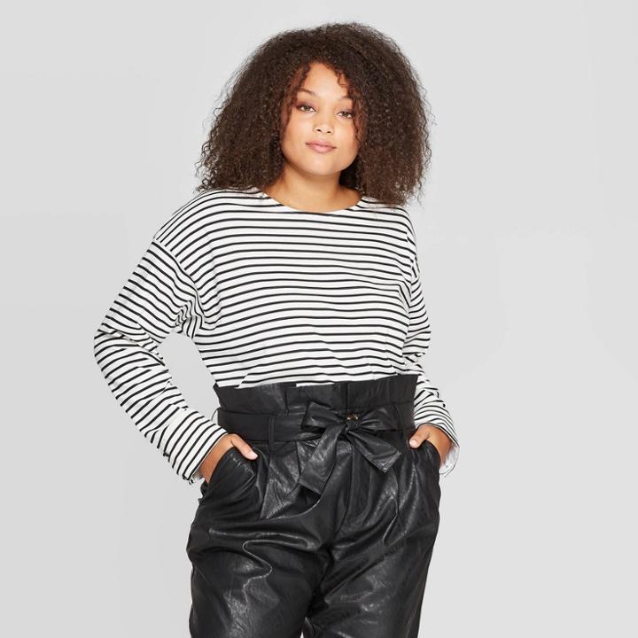 Women's Plus Size Striped Long Sleeve Scoop Neck T-shirt - Who What Wear Black/white X