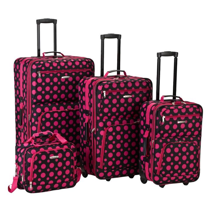 Rockland 4pc Expandable Softside Checked Luggage Set - Black Pink Dot