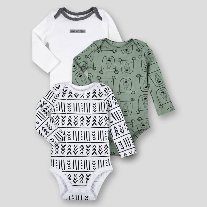 Lamaze Baby Boys' 3pk Organic Geometric Long Sleeve Bodysuit - Forest Green Newborn