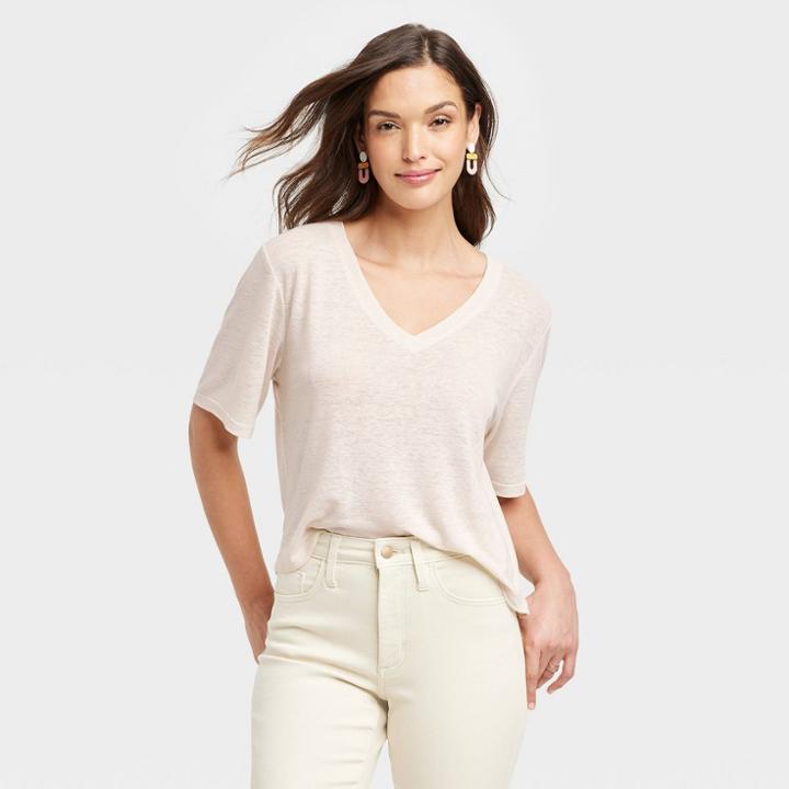 Women's Linen Boxy V-neck Short-sleeve T-shirt - Universal Thread Cream