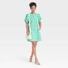 Women's Gingham Puff Short Sleeve Dress - A New Day Green