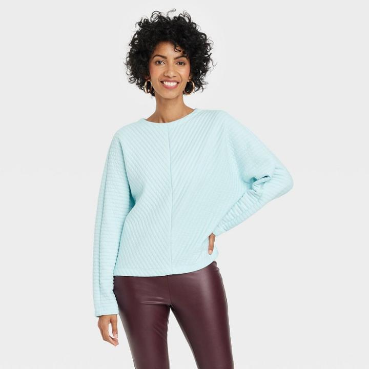 Women's Long Sleeve Boat Neck Ottoman Top - A New Day Blue