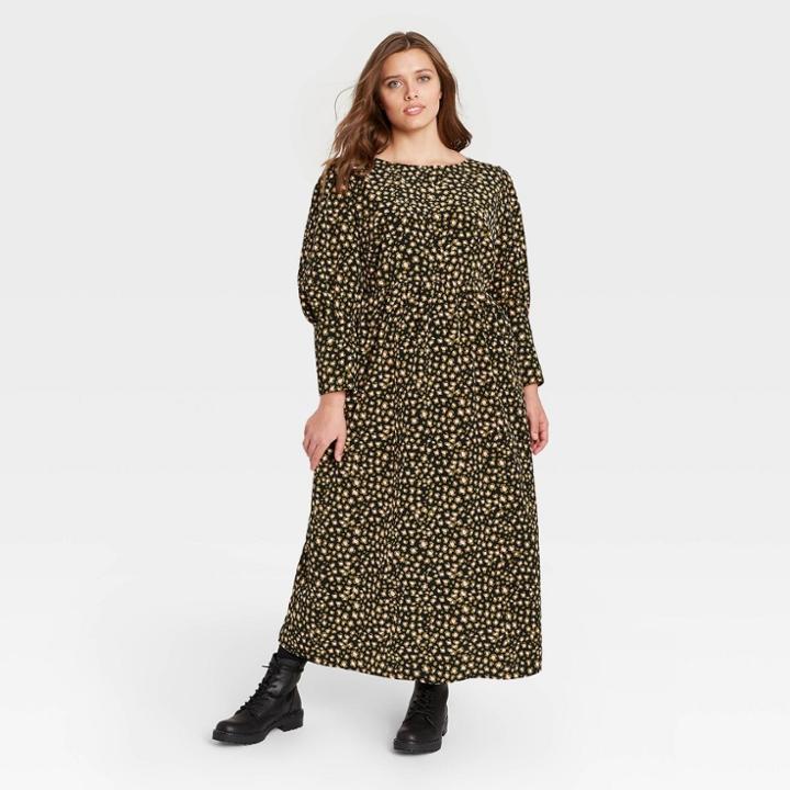 Women's Plus Size Leopard Print Puff Long Sleeve Dress - Who What Wear Brown