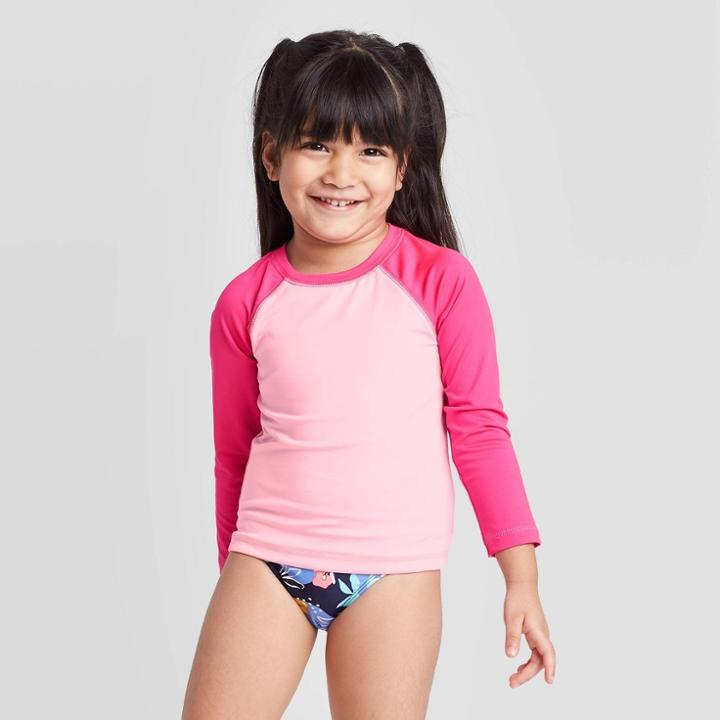 Toddler Girls' Long Sleeve Raglan Top Rash Guard - Cat & Jack Pink 12m, Toddler Girl's