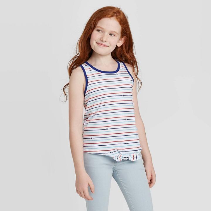 Girls' Striped Tie Front Tank Top - Cat & Jack White S, Girl's, Size: Small,