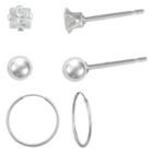 Target Girls' Sterling Silver 3 Pr-ball/square Cubic Zirconia/hoop Earring Set-clear-3mm/12mm