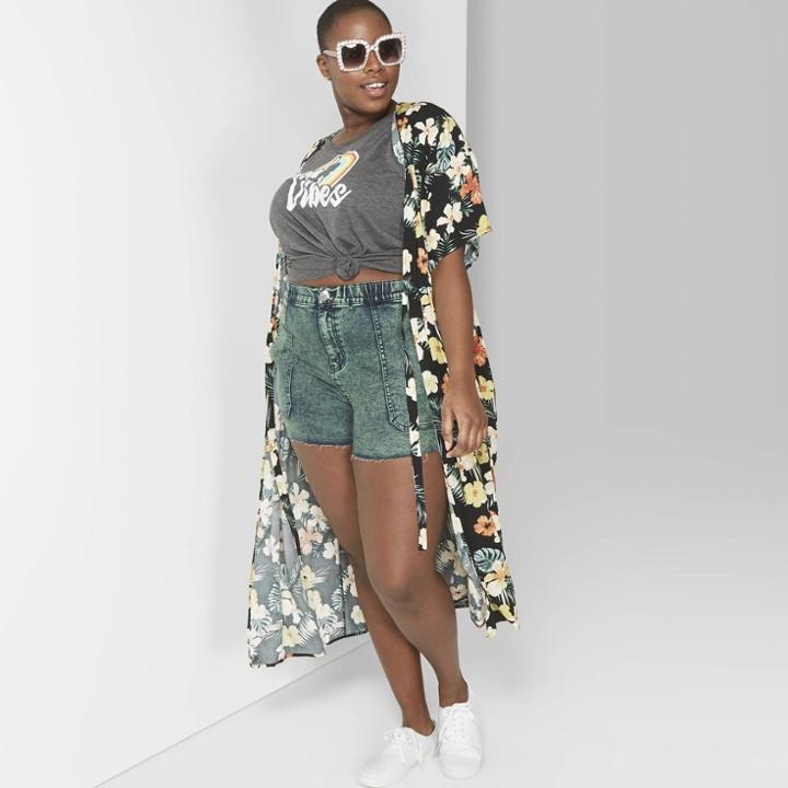 Women's Plus Size Acid Wash High Elastic Waist Jean Shorts - Wild Fable Green