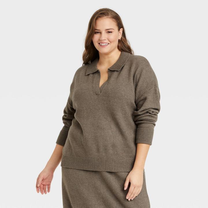 Women's Plus Size Collared Split Neck Pullover Sweater - A New Day Brown