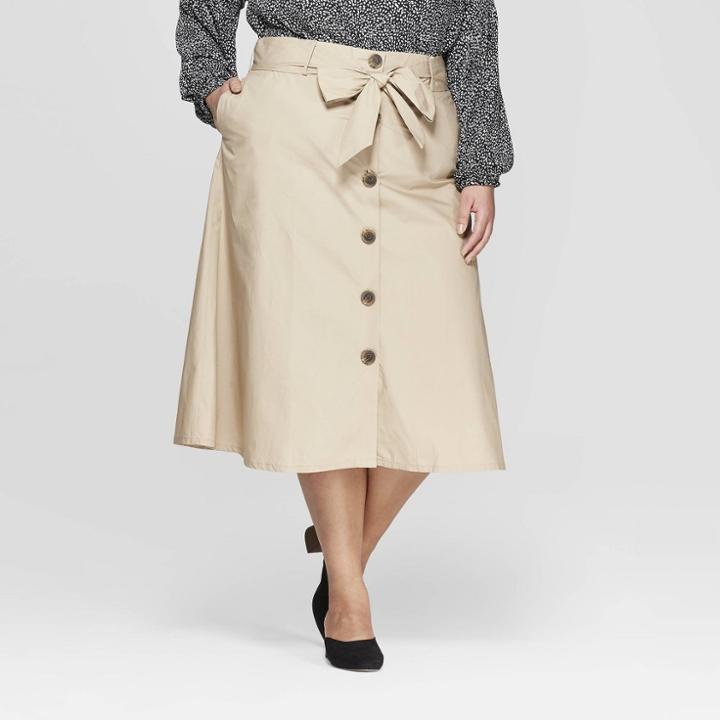 Women's Plus Size Midi Button Front Skirt - Ava & Viv Khaki (green)
