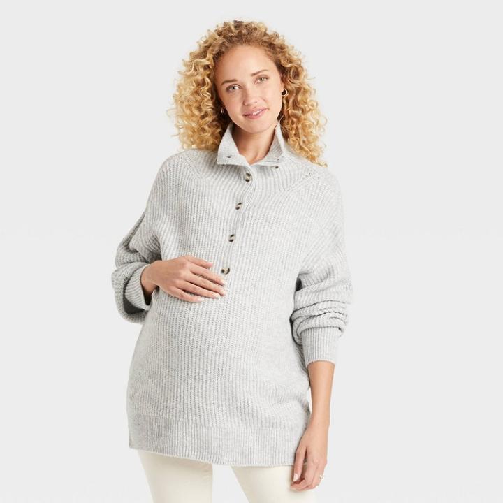 Half Button-up Pullover Maternity Sweater - Isabel Maternity By Ingrid & Isabel Gray