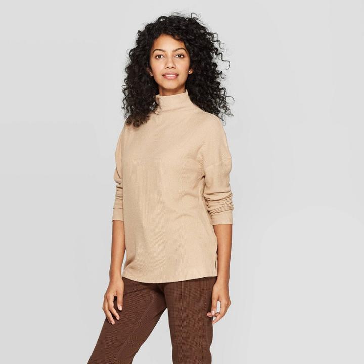 Women's Long Sleeve Turtleneck Rib Drapey Top - A New Day Tan