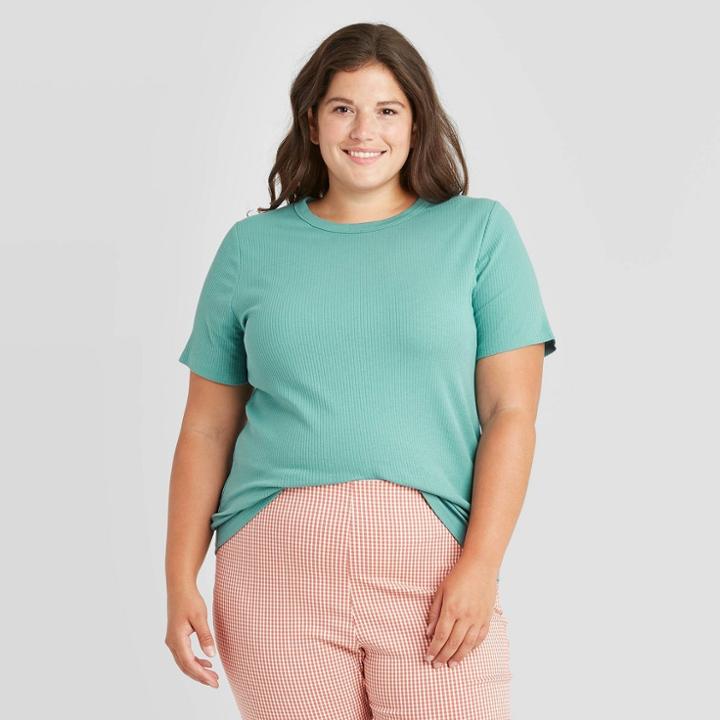 Women's Plus Size Short Sleeve Rib T-shirt - A New Day Teal