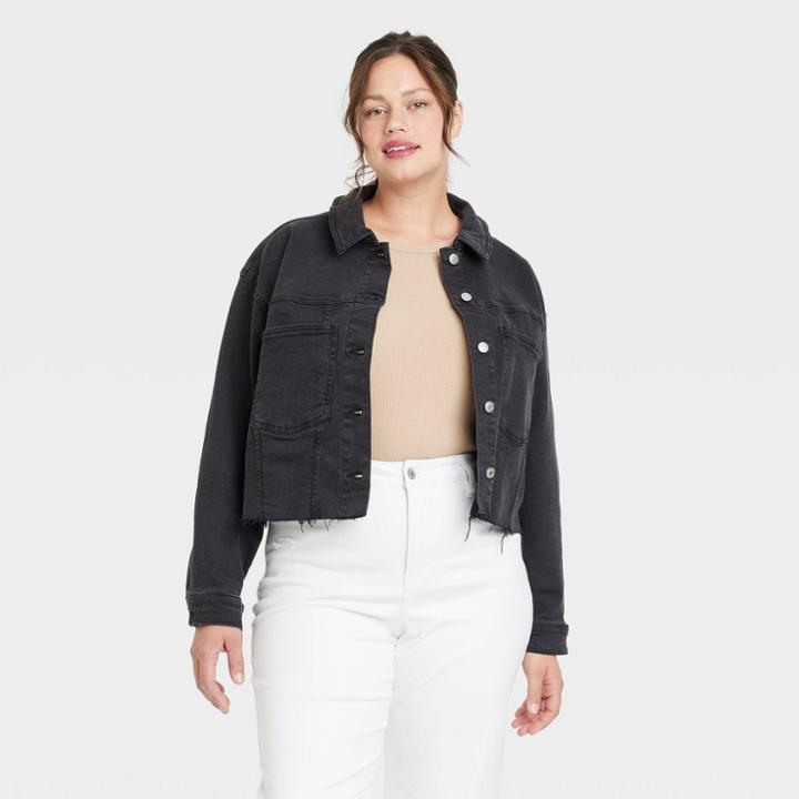 Women's Plus Size Cropped Denim Jacket - Ava & Viv Black Denim