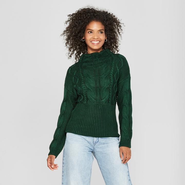 Women's Long Sleeve Exaggerated Rib Detail Mockneck - Cliche Green