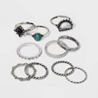 Brushed Silver With Faux Semi-precious Stones Ring Set 10pc - Wild Fable