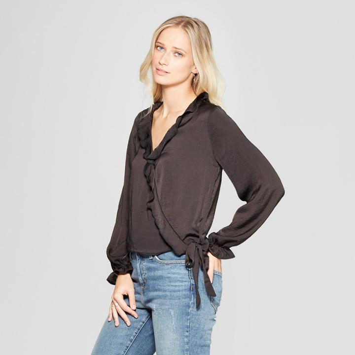 Women's Long Sleeve Satin Wrap Top - Xhilaration Black