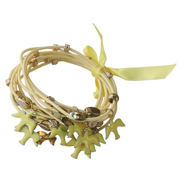 Zirconite Multi-strand Bracelet With Enameled Dove Charms - Yellow