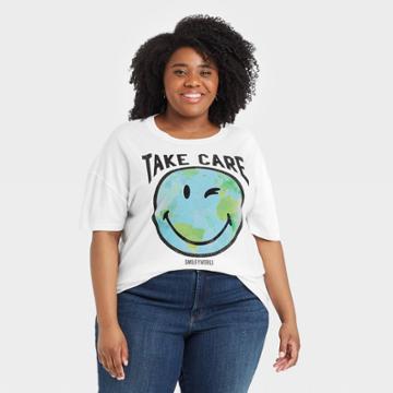 Jerry Leigh Women's Plus Size Take Care Earth Short Sleeve Graphic T-shirt - White