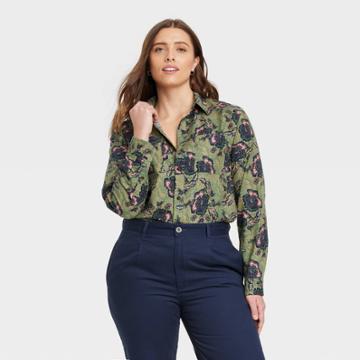 Houston White Adult Plus Size Long Sleeve Button-down Twill Aop Woven Shirt - Dark Green Floral