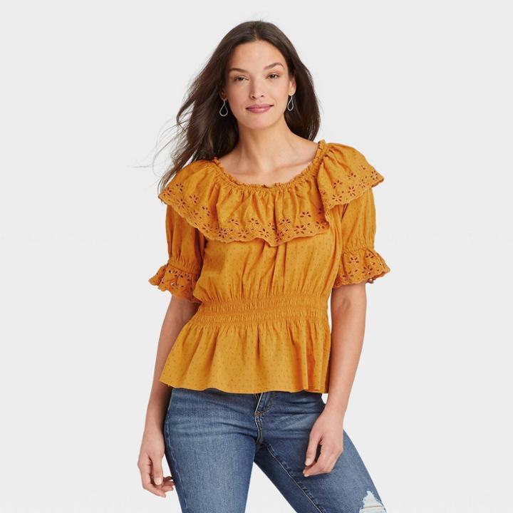 Women's Ruffle Short Sleeve Eyelet Peplum Blouse - Universal Thread Gold