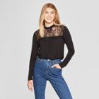 Women's Long Sleeve Lace Top High Neck Knit Top - Xhilaration Black