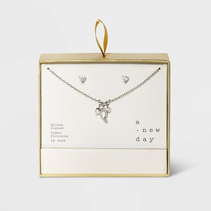 Silver Plated With Cubic Zirconia And Pearl Initial 'q' Charm Cluster Necklace And Earring Set - A New Day