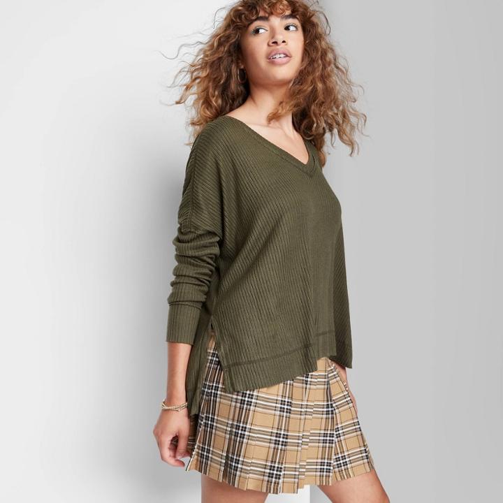 Women's Long Sleeve V-neck Cozy Rib T-shirt - Wild Fable Olive Green