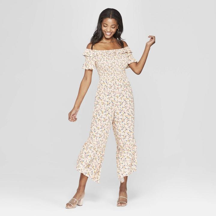 Women's Floral Print Short Sleeve Off The Shoulder Smocked Top Jumpsuit - Xhilaration Cream