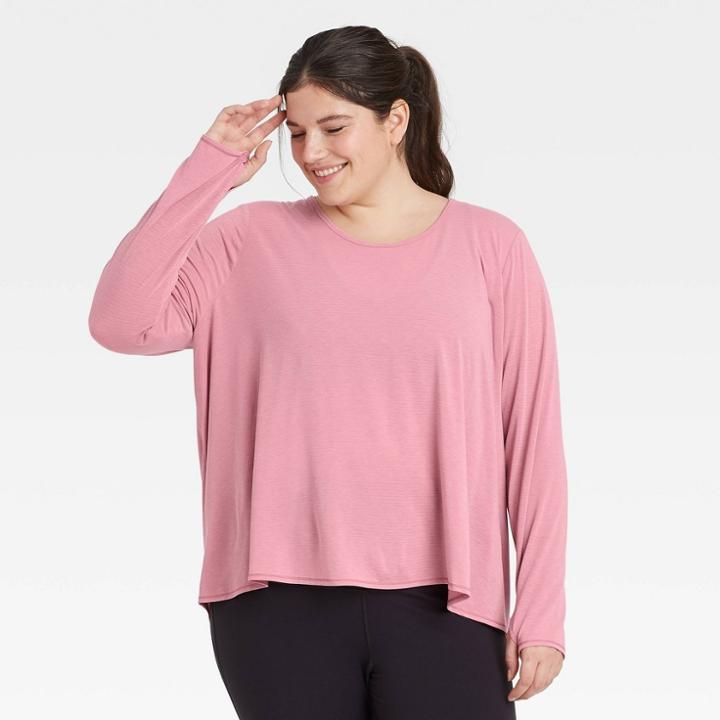 Women's Plus Size Long Sleeve Keyhole Back T-shirt - All In Motion Rose