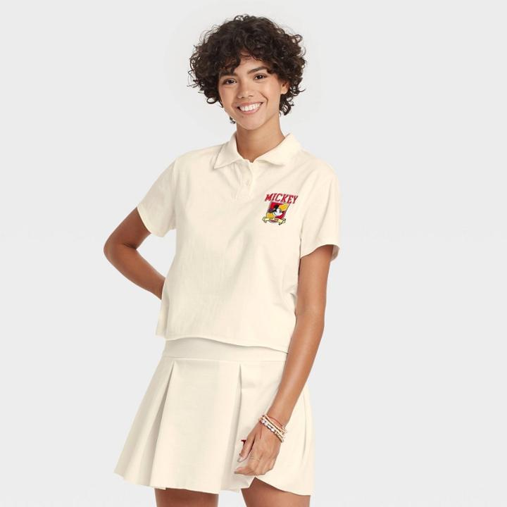 Women's Disney Mickey University Short Sleeve Cropped Graphic Polo Shirt - Ivory