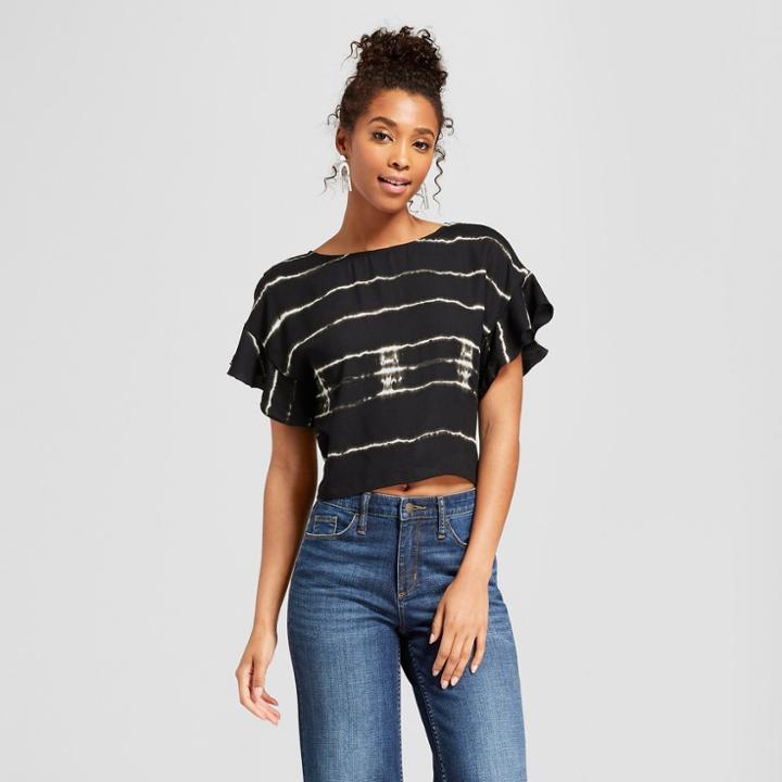 Women's Striped Short Sleeve Tie Back Top - 3hearts (juniors') Black L, Black Off-white