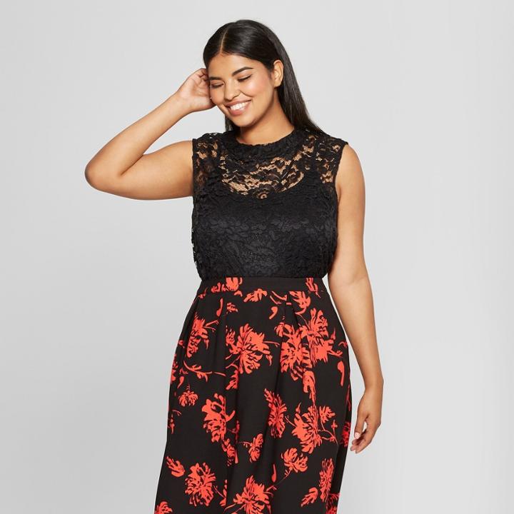 Women's Plus Size Lace Mock Neck Tank Top - Who What Wear Black