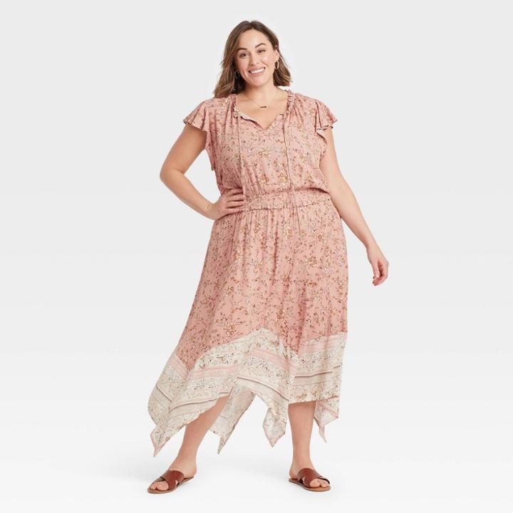 Women's Plus Size Floral Print Flutter Short Sleeve Smocked Waist Dress - Knox Rose Pale Blush