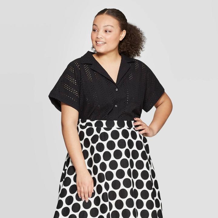 Women's Plus Size Short Sleeve Button-down Eyelet Shirt - Who What Wear Jet Black