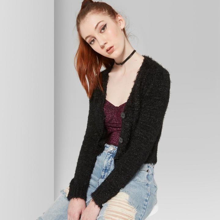 Women's Fuzzy Long Sleeve Crop Button Cardigan - Wild Fable Black