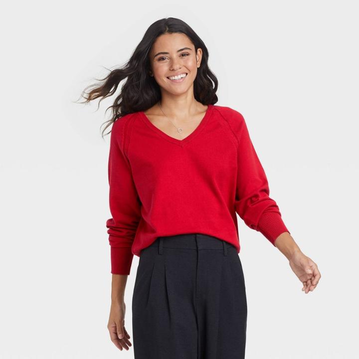Women's Lightweight V-neck Pullover Sweater - A New Day Red