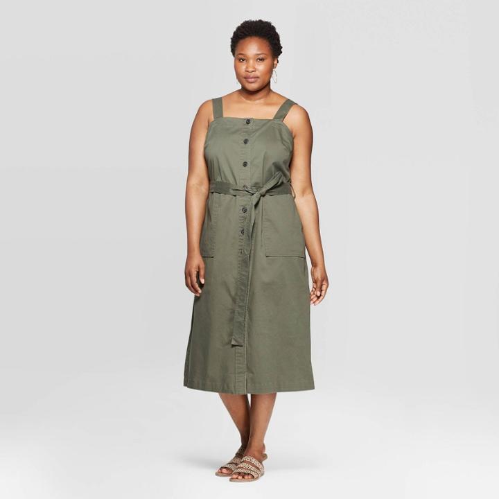 Women's Plus Size Sleeveless Square Neck Button-front Belted Dress - Universal Thread Olive (green)