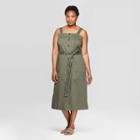 Women's Plus Size Sleeveless Square Neck Button-front Belted Dress - Universal Thread Olive (green)