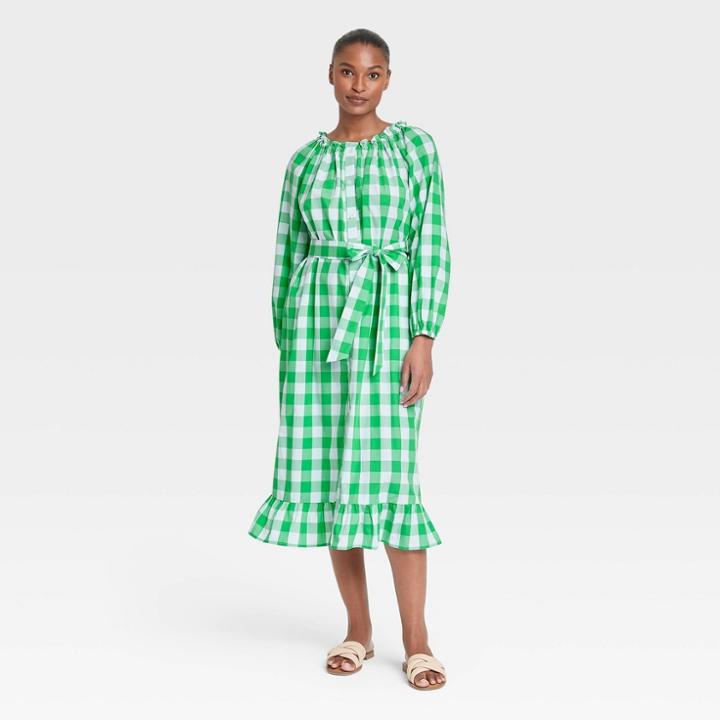 Women's Gingham Check Balloon Long Sleeve Dress - Who What Wear Green