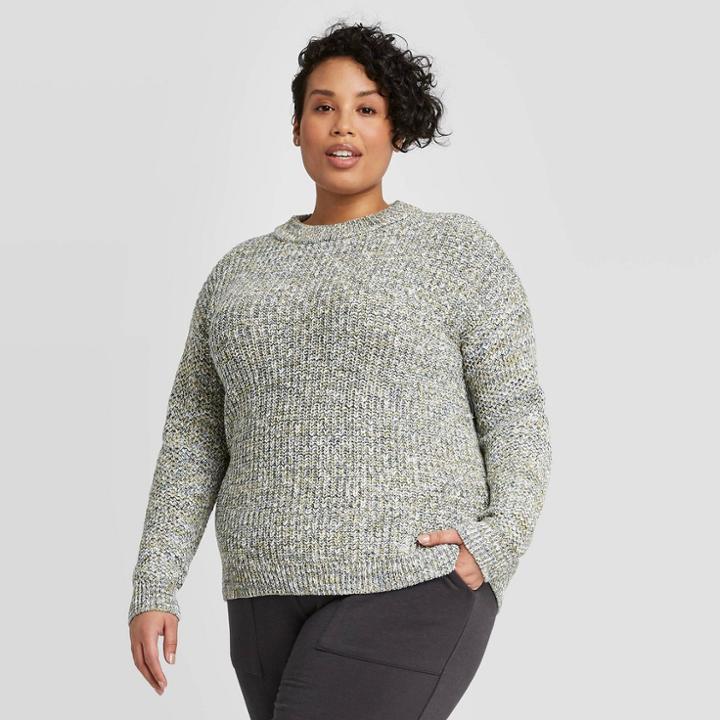 Ava & Viv Women's Plus Size Crewneck Multi Texture Pullover Sweater- Ava &viv Green X, Women's