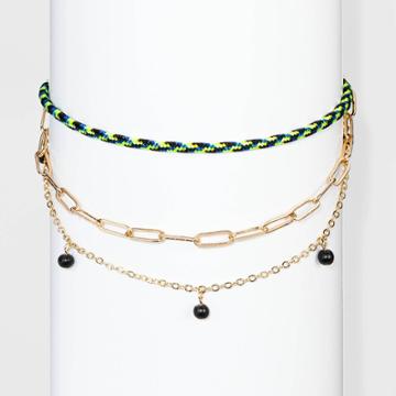 Shiny Gold And Sport Cord Choker Necklace Set 3pc - Wild Fable