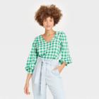 Women's Gingham Check 3/4 Sleeve Voile Top - A New Day Green