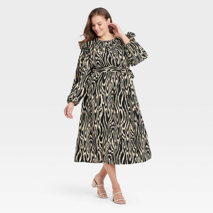 Women's Plus Size Ruffle Long Sleeve Dress - Who What Wear Cream Woodgrain 1x, Ivory Woodgrain