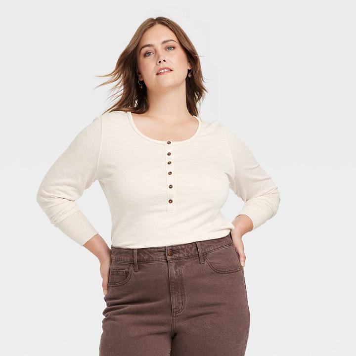 Women's Plus Size Long Sleeve Henley Neck Shirt - Universal Thread Cream