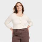 Women's Plus Size Long Sleeve Henley Neck Shirt - Universal Thread Cream