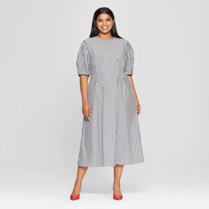Women's Plus Size Striped Puff Sleeve Midi Dress - Who What Wear Black/white 4x, Black/white