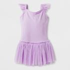 Danshuz Toddler Girls' Camisole Activewear Dress With Glitter Net Flutter Sleeves, Center Back Bow Triple Layer Skirt - Lavender 8-10, Size: M(8-10), Purple