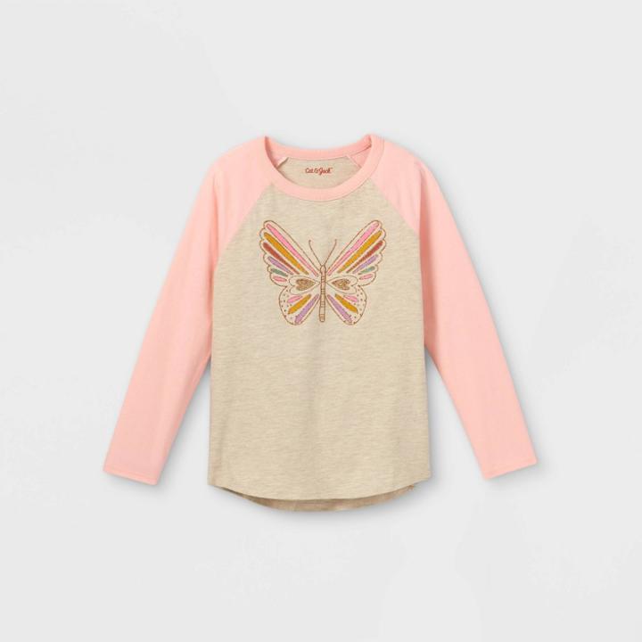 Girls' Printed Long Sleeve T-shirt - Cat & Jack Heather Oatmeal Xs, Grey Oatmeal