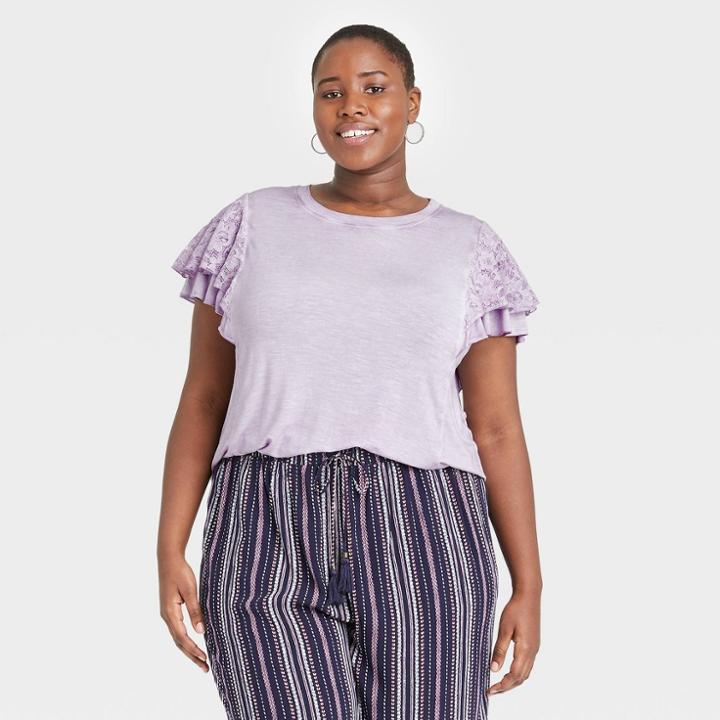 Women's Plus Size Short Sleeve Lace Detail T-shirt - Knox Rose Purple